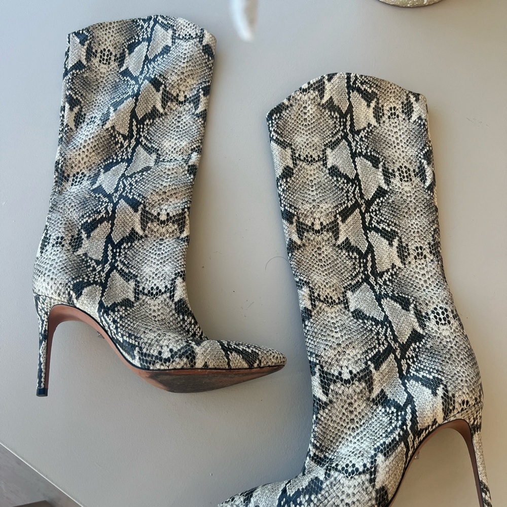 SCHUTZ Snakeskin Heeled Boots - Black and Cream